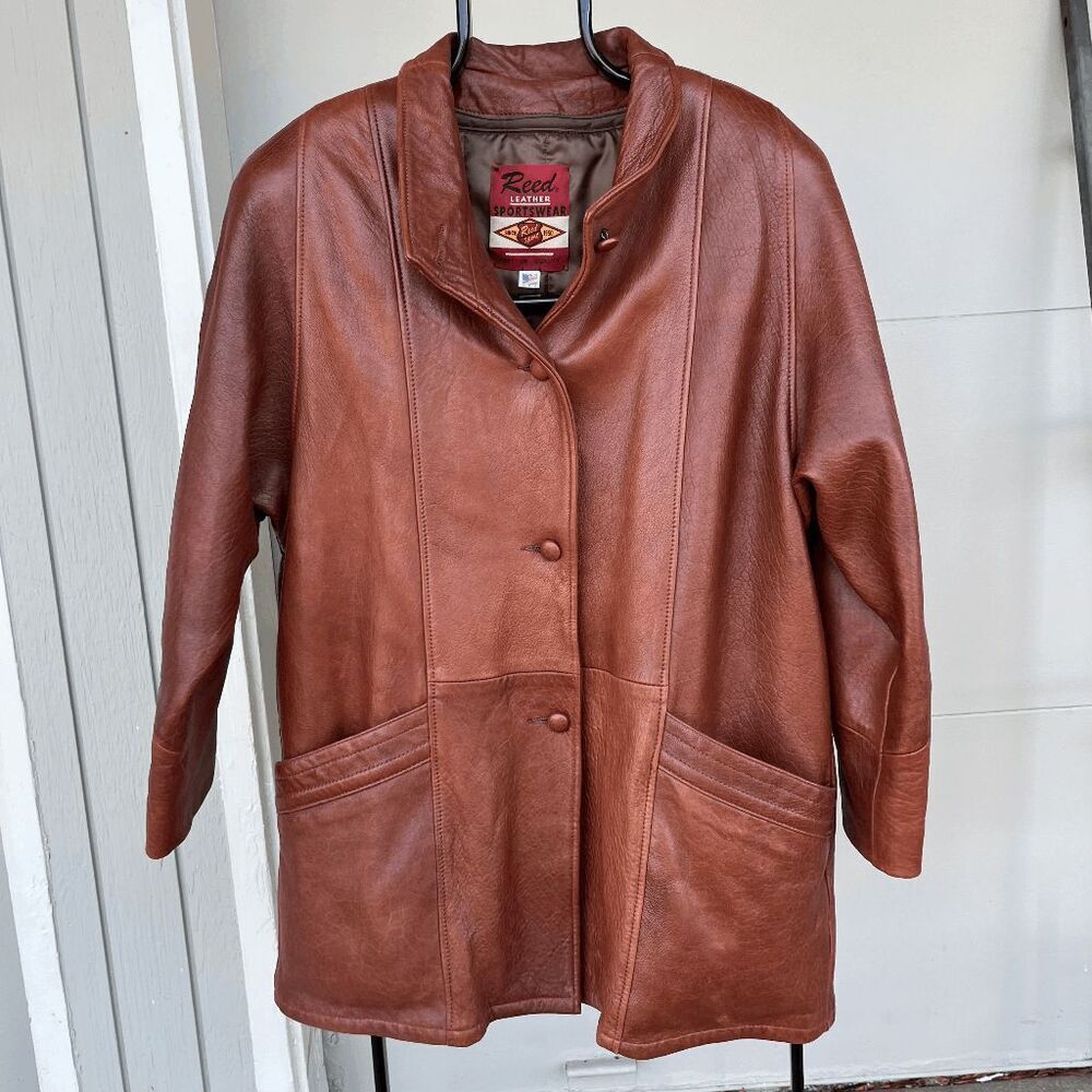 Vintage 70s Reed Sportswear Cognac Leather Coat L–XXL Western Rodeo Boho USA